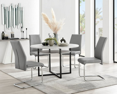 Furniturebox Adley Grey Concrete Effect And Black Round Dining Table With Storage Shelf And 4 Grey Lorenzo Chairs For Modern Sleek Dining Room - image 1
