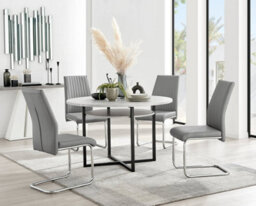 Furniturebox Adley Grey Concrete Effect And Black Round Dining Table With Storage Shelf And 4 Grey Lorenzo Chairs For Modern Sleek Dining Room - thumbnail 1