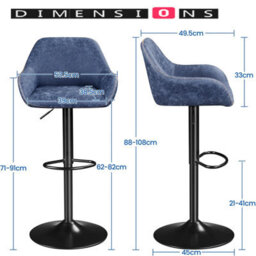 Modcraft Set Of 2 Adjustable Swivel Bar Stools With Backrest & Armrests - Faux Leather Blue Chairs - thumbnail 6