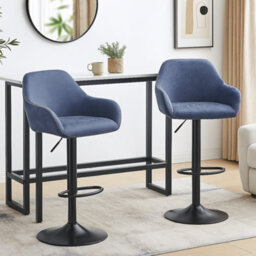 Modcraft Set Of 2 Adjustable Swivel Bar Stools With Backrest & Armrests - Faux Leather Blue Chairs - thumbnail 3
