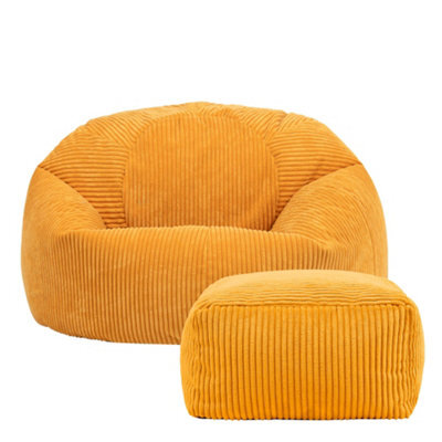 icon Kingston Cord Adults Bean Bag Chair And Pouffe, Ready Filled Beanbag And Footstool Ochre Yellow - image 1