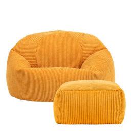 icon Kingston Cord Adults Bean Bag Chair And Pouffe, Ready Filled Beanbag And Footstool Ochre Yellow