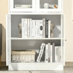 Homcom Bookcase With Glass Doors And Adjustable Shelves For Study, White - thumbnail 8