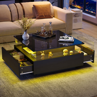 Abrihome Modern Led Coffee Table With Storage - Black Square Acrylic Glass Top & 2 Sliding Drawers, Wood Center Table For Living Room - image 1