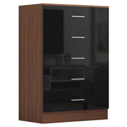 Reflect 2 Door Plain Wardrobe, 5 Drawer Chest, 2 Drawer Bedside & Desk - Black Gloss & Walnut - Modern Bedroom Furniture Set - thumbnail 6