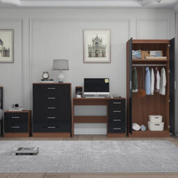 Reflect 2 Door Plain Wardrobe, 5 Drawer Chest, 2 Drawer Bedside & Desk - Black Gloss & Walnut - Modern Bedroom Furniture Set - thumbnail 2
