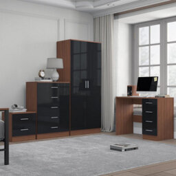 Reflect 2 Door Plain Wardrobe, 5 Drawer Chest, 2 Drawer Bedside & Desk - Black Gloss & Walnut - Modern Bedroom Furniture Set - thumbnail 3