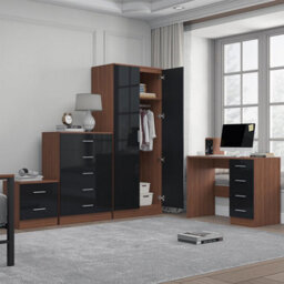 Reflect 2 Door Plain Wardrobe, 5 Drawer Chest, 2 Drawer Bedside & Desk - Black Gloss & Walnut - Modern Bedroom Furniture Set - thumbnail 4