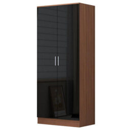 Reflect 2 Door Plain Wardrobe, 5 Drawer Chest, 2 Drawer Bedside & Desk - Black Gloss & Walnut - Modern Bedroom Furniture Set - thumbnail 5