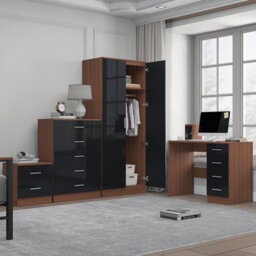 Reflect 2 Door Plain Wardrobe, 5 Drawer Chest, 2 Drawer Bedside & Desk - Black Gloss & Walnut - Modern Bedroom Furniture Set - thumbnail 1