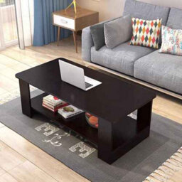 Modern Coffee Table, Black Finish Wood Living Room Side Table, With Lower Storage Shelf