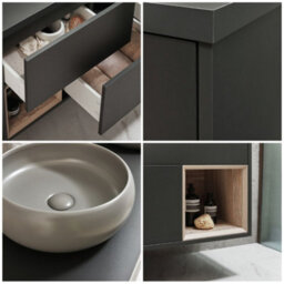 Homestylestore Black Grey 1200mm Wall Hung Bathroom Vanity Unit Round Pebble Countertop Basins Open Shelves - thumbnail 2