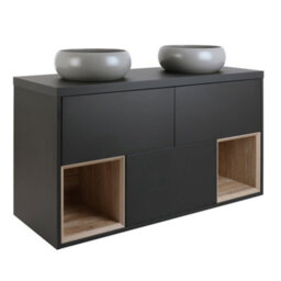 Homestylestore Black Grey 1200mm Wall Hung Bathroom Vanity Unit Round Pebble Countertop Basins Open Shelves - thumbnail 1