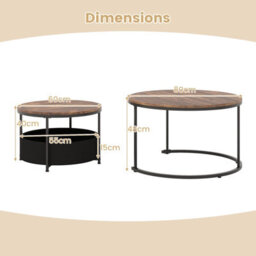 Costway Set Of 2Round Coffee Table 80 & 60 Cm Nesting Side Table W/ Fabric Basket - thumbnail 3