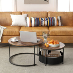 Costway Set Of 2Round Coffee Table 80 & 60 Cm Nesting Side Table W/ Fabric Basket - thumbnail 4