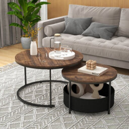 Costway Set Of 2Round Coffee Table 80 & 60 Cm Nesting Side Table W/ Fabric Basket