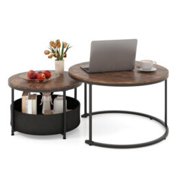 Costway Set Of 2Round Coffee Table 80 & 60 Cm Nesting Side Table W/ Fabric Basket - thumbnail 2