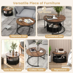 Costway Set Of 2Round Coffee Table 80 & 60 Cm Nesting Side Table W/ Fabric Basket - thumbnail 7
