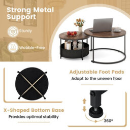 Costway Set Of 2Round Coffee Table 80 & 60 Cm Nesting Side Table W/ Fabric Basket - thumbnail 8