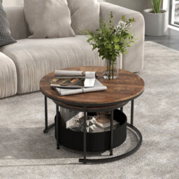 Costway Set Of 2Round Coffee Table 80 & 60 Cm Nesting Side Table W/ Fabric Basket - thumbnail 5