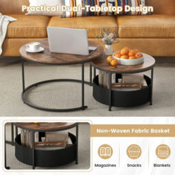 Costway Set Of 2Round Coffee Table 80 & 60 Cm Nesting Side Table W/ Fabric Basket - thumbnail 9