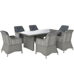 Outsunny 6 Seater Rattan Dining Set With Glass Top Table And Cushions, Grey - thumbnail 2