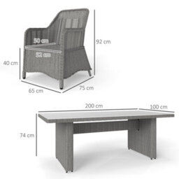 Outsunny 6 Seater Rattan Dining Set With Glass Top Table And Cushions, Grey - thumbnail 3