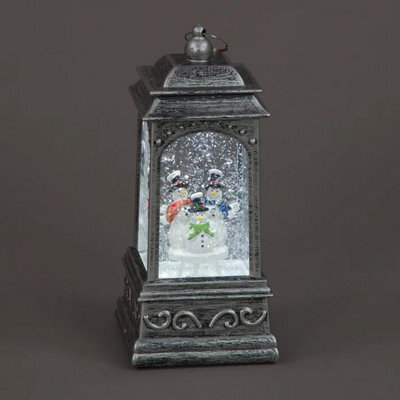 Snowtime Water Filled Christmas Silver Light Up Water Lantern With Snowman Family - 20Cm