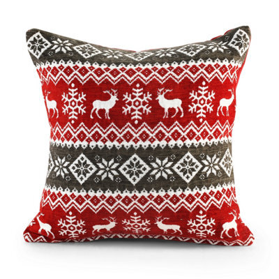Velosso Festive Design Red/grey Cotton Chenille Cushion, Zip Closure, Machine Washable - Multicolour
