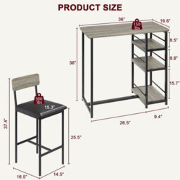 Grey 3-Piece Bar Table Set, With 2 Counter Height Bar Stools - thumbnail 2