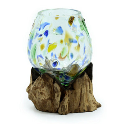 Coloured Glass Bowl On Wooden Base Handmade Decorative Ornament - image 1