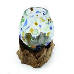 Coloured Glass Bowl On Wooden Base Handmade Decorative Ornament - thumbnail 2