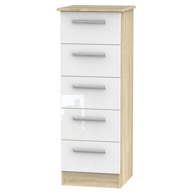 Trent 5 Drawer Tallboy In White & Bardolino Oak (Ready Assembled)