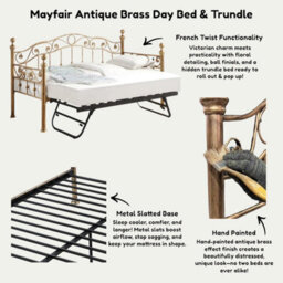 OAT Home Mayfair Antique Brass Effect Single French Metal Day Bed Frame & Guest Trundle - thumbnail 8