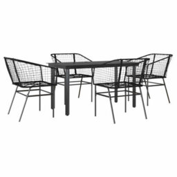 Berkfield 5 Piece Garden Dining Set Black Poly Rattan Glass - thumbnail 2