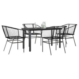 Berkfield 5 Piece Garden Dining Set Black Poly Rattan Glass - thumbnail 1