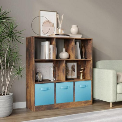 Urbn-Living Urbnliving Asymmetrical 8-Cube Rustic Brown Bookcase Storage Unit With 3 Fabric Drawer Inserts - Sky Blue - image 1