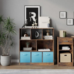 Urbn-Living Urbnliving Asymmetrical 8-Cube Rustic Brown Bookcase Storage Unit With 3 Fabric Drawer Inserts - Sky Blue - thumbnail 2