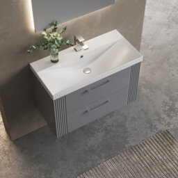 Balterley Belvide Partial Fluted 2 Drawer Wall Hung Vanity Unit With 1 Tap Hole Thin-Edge Basin- 800mm - Satin Grey - thumbnail 3