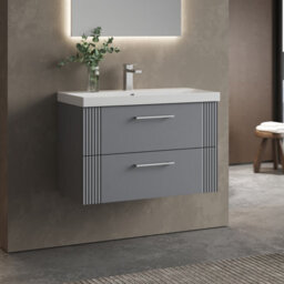 Balterley Belvide Partial Fluted 2 Drawer Wall Hung Vanity Unit With 1 Tap Hole Thin-Edge Basin- 800mm - Satin Grey - thumbnail 4