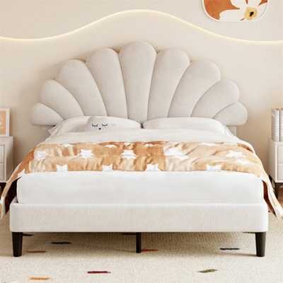 Abrihome 4Ft6 Double Upholstered Velvet Bed Frame, With Adjustable Chic Petal Headboard, With Solid Wood Slat, No Box Spring Needed, Beige - image 1
