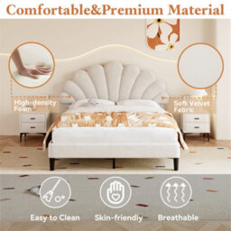 Abrihome 4Ft6 Double Upholstered Velvet Bed Frame, With Adjustable Chic Petal Headboard, With Solid Wood Slat, No Box Spring Needed, Beige - thumbnail 2