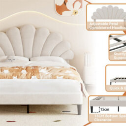 Abrihome 4Ft6 Double Upholstered Velvet Bed Frame, With Adjustable Chic Petal Headboard, With Solid Wood Slat, No Box Spring Needed, Beige - thumbnail 3