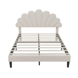 Abrihome 4Ft6 Double Upholstered Velvet Bed Frame, With Adjustable Chic Petal Headboard, With Solid Wood Slat, No Box Spring Needed, Beige - thumbnail 6