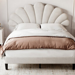 Abrihome 4Ft6 Double Upholstered Velvet Bed Frame, With Adjustable Chic Petal Headboard, With Solid Wood Slat, No Box Spring Needed, Beige - thumbnail 9