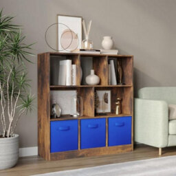 Urbn-Living Urbnliving Asymmetrical 8-Cube Rustic Brown Bookcase Storage Unit With 3 Fabric Drawer Inserts - Dark Blue - thumbnail 2