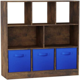 Urbn-Living Urbnliving Asymmetrical 8-Cube Rustic Brown Bookcase Storage Unit With 3 Fabric Drawer Inserts - Dark Blue - thumbnail 4