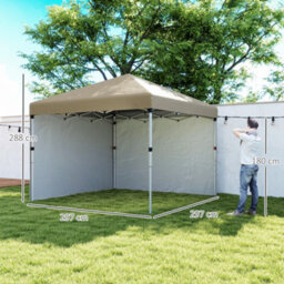 Outsunny 3X3 (M) Pop Up Gazebo Party Tent W/ 2 Sidewalls, Weight Bags Khaki - thumbnail 3