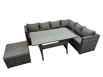 Fimous Rattan Garden Furniture Set Outdoor 7 Seater Patio Dining Corner Sofa Sets With Dining Table Big Stool Dark Grey Mixed - image 1