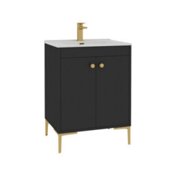 Royal Bathrooms Verona 600mm Matt Black Floor Standing Vanity Unit 2 Door With Ceramic Basin & Brushed Brass Knob - thumbnail 6